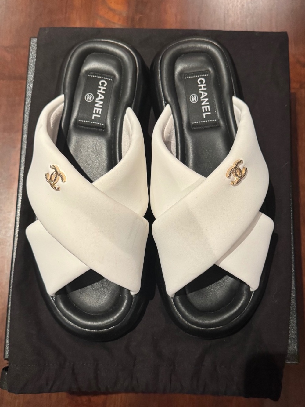 Authentic Chanel White Fabric CC Slide Sandals